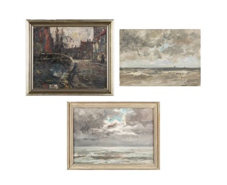 Armand Jamar (1870-1946) Three paintings, a Cityscape with Bridge and two Seascapes (1908-1936) oil on canvas'Cityscape with 