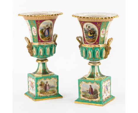 Vieux Paris, a Pair of Medici Vases, Polychrome Porcelain, in the Style of Jacob Petit, 19th century.Polychrome and gilded po