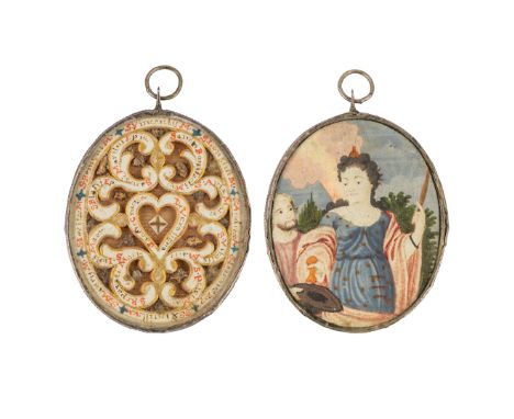 An antique multi-theca with a miniature of Saint Elisabeth of Hungary, Relics for The True Cross and Saints. 18th C.A pendant