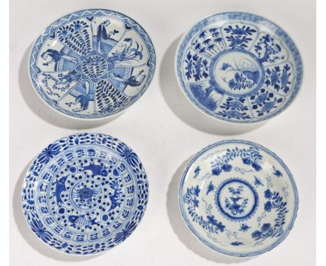 Chinese porcelain, to include a Qing Dynasty butterfly and flower dish, a dish with a central crab and fish, four character m