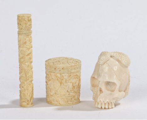 Chinese ivory needle case, Qing Dynasty, together with a box and cover and a carved skull, (3)