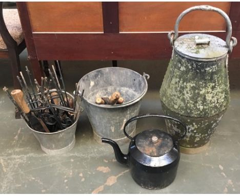 Vintage galvanised churn, two buckets and a heavy kettle 