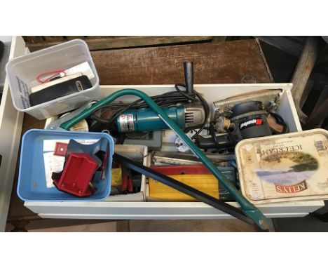 Drawer of drill bits, Makita disc grinder, electric sander, etc 