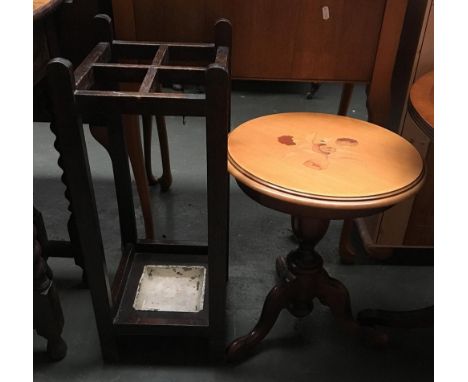 An early 20th century stained oak umbrella/stcik stand with metal drip tray, together with a small tripod table 