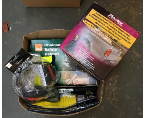 A chainsaw safety helmet (boxed), ear defenders, folding spade/pick, two pairs of waterproof over trousers (L &amp; XL), Hi-V