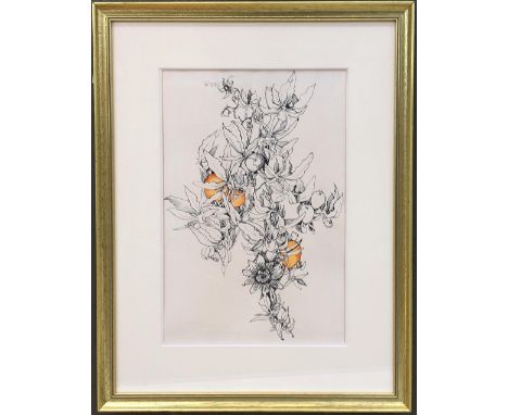 Pen ink and watercolour, oranges, initialed in pencil lower right J.A.B. '95, 40x27cm; together with a print of a kingfisher 