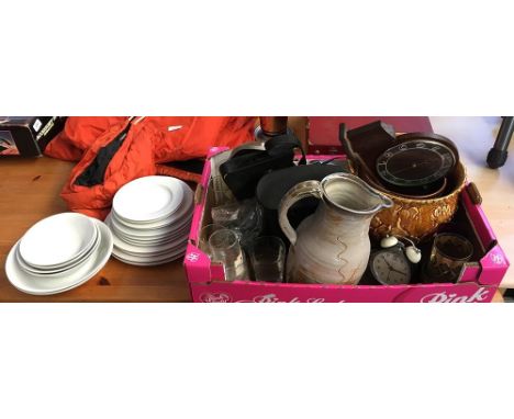 A mixed lot to include Polaroid Land camera, Glider 10x50 binoculars, various whiskey brand tumblers, clocks, studio pottery,