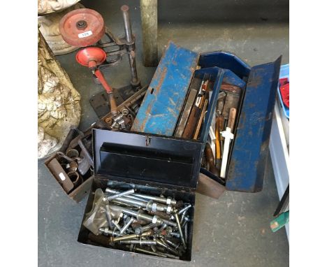 A mixed lot of vintage tools, to include metal toolbox containing squares and rules etc, a large quantity of sockets, several