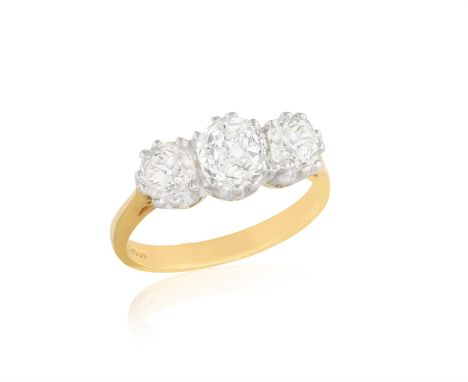 A DIAMOND THREE-STONE RINGComposed of a central old cushion-shaped diamond weighing approximately 1.00ct, between similarly-c