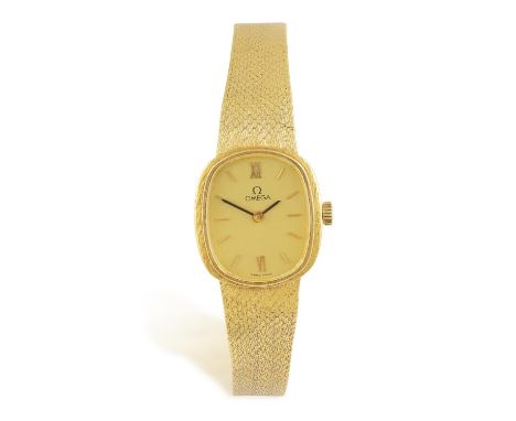 OMEGA: AN 18K GOLD MANUAL WIND WATCHOf manual wind movement, the cushion-shaped champagne dial with applied gilt Roman numera
