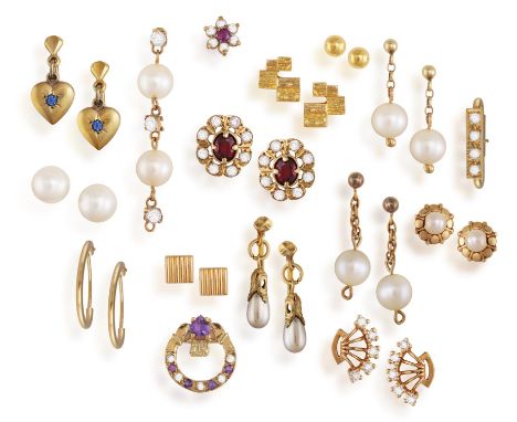 A GROUP OF JEWELLERYComprising: Thirteen pairs of earrings, some set with purple, brown and colourless stones and cultured pe
