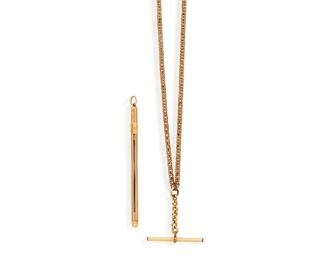 A GOLD CHAIN AND SWIZZLE STICKThe 8K gold curb-link chain, suspending a T-bar link, clasp in 9K gold; and a 9K gold swizzle s