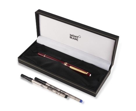 MONTBLANC: A ROLLERBALL PENBurgundy coloured lacquer, with gilt highlights and logo terminal in white, cap signed ‘Meisterstü