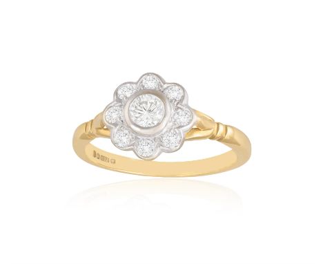 A DIAMOND RINGDesigned as a flower, set with brilliant-cut diamonds, to a polished band, mounted in 18K gold, British maker’s