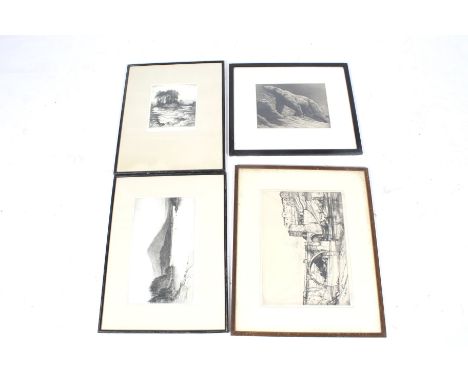 Four signed Victorian and later etchings. Comprising Oliver Hall (1869-1957) etching of a castle beside a river, signed in pe