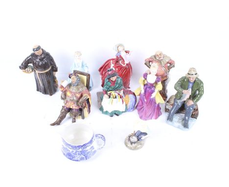 Nine porcelain figures and a jug. Including Royal Doulton 'Silks and Ribbons' HN 2017, Royal Worcester 'Grandmothers Dress' 3