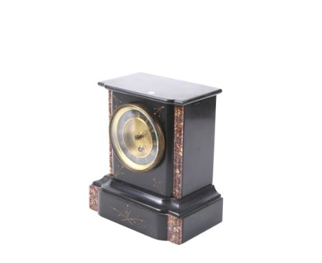 A Victorian mantel clock. The black and gilt dial having Roman numerals, in a black slate case with marble and gilt details. 