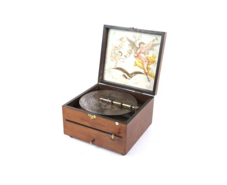 A late 19th century Schutz-Marke Fortuna table-top disc playing music box. The walnut case having a hinged lid with printed i