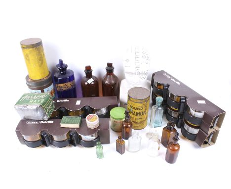 An assortment of collectables. Including two boxed sets of Pyrex mugs, glass bottles with stoppers, a pill box, a ceramic hea