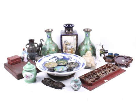 An assortment of oriental collectables. Including a Chinese scroll, cloisonne dishes, a pair of enamel vases, a lacquered bro