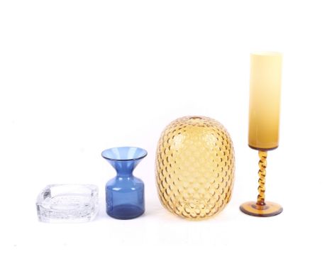 Four mid-century glass items. Including a Dartington style blue glass vase, a lamp shade and an ashtray, etc. Max. H39cm