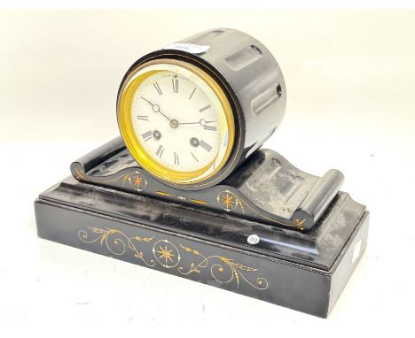 A Victorian slate drum mantel clock. A Hymarg, Paris movement no. 58145, striking to a bell, white enamel dial diameter 11cm,