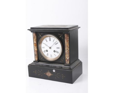 A Victorian slate and marble mantel clock. Mechanism stamped 'OR' no. 85890, striking to a bell, white enamel dial, Roman num