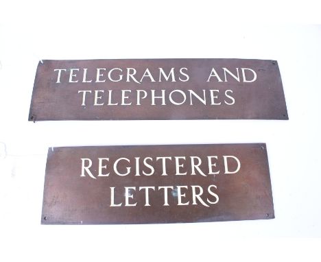 Two early 20th century bronze office door signs. One marked 'Registered Letters', the other 'Telegrams And Telephones'. Max. 