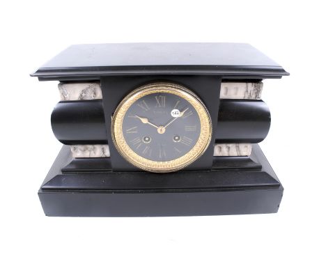 A Victorian slate and marble mantel clock. With a striking mechanism, #8161, bell missing, black enamel dial, Roman numerals,