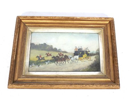 Oil on board 'Mail Coach and hunting scene'. Indistinct signature bottom right, 39cm x 23cm, framed and glazed.