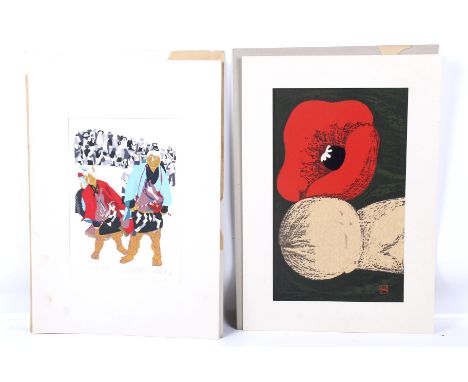 Two contemporary Japanese screen prints. The first by Kaoru Kawano (1926-1989), woodcut, child and a poppy, sealed lower left