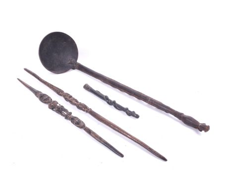 Papua New Guinea. A large carved ladle, two 'scepters' and a handle. From the Sepik region, the ladle handle carved with a se