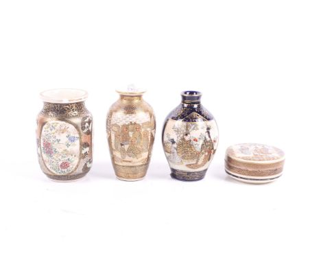 Four pieces of Japanese Meiji period Satsuma ceramics. Comprising three small vases, one with three panels of flowers between