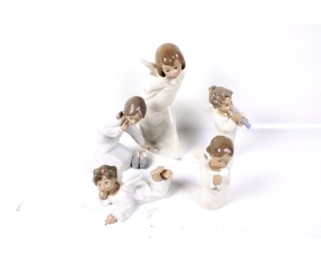 Five Lladro Daisa cherubs. In a variety of poses including one playing an instrument. Max H24cm
