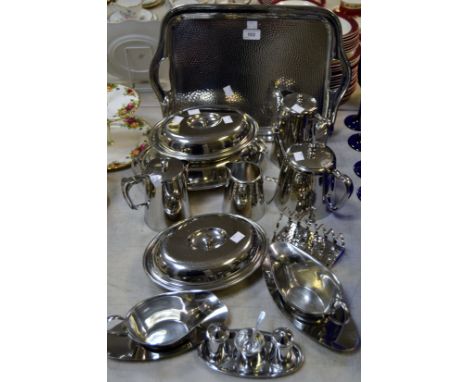 Olde Hall -  an Olde Hall hammered stainless steel twin handled tray, teapot, hot water jug, milk jug, toast rack; a pair of 