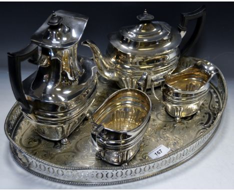 A silver plated four piece tea service; a silver plated gallery tray chased and engraved overall 