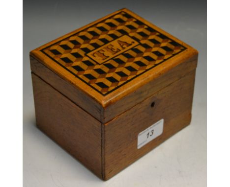 A Victorian parquetry tea caddy, hinged cover inlaid Tea on a Tunbridge ware-type ground of tumbling blocks, c.1870