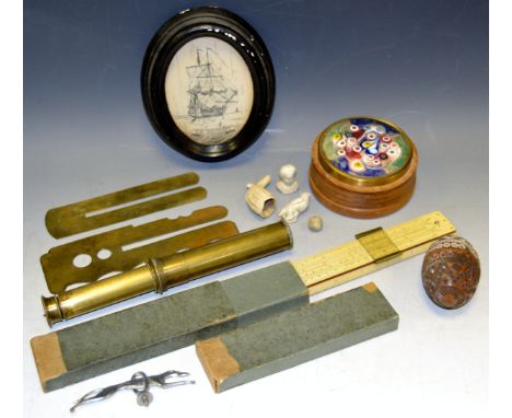 Boxes and Objects - a 19th century coquilla nut pomander; brass button cleaners; a slide rule; etc
