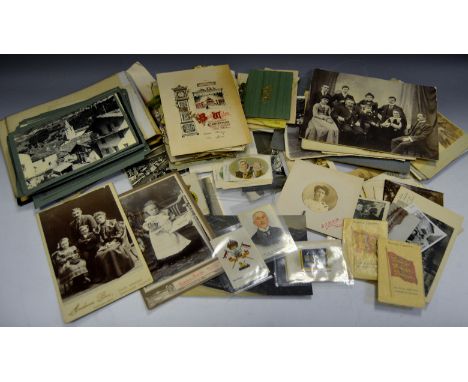 Ephemera - a Victorian family portrait photographic card, others; various cigarette silks including portraiture; early 20th C