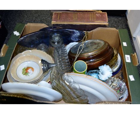 Household Goods - an oak framed barometer; blue glass charger; pressed glass honey pot; dessert service; etc (1 box)
