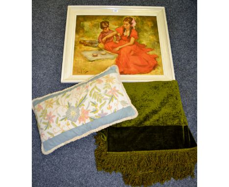 An early 20th century green chenille tablecloth; a cushion , with crewel work panel; a framed print (3)