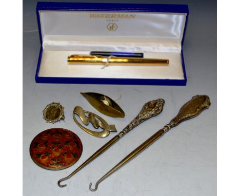 Ephemera - a Waterman Paris gold plated fountain pen with 18K nip; a silver brooch, marked Sheffield; a silver hafted button 