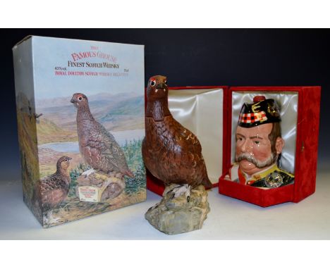 Famous Grouse Scotch whisky in a Royal Doulton decanter  boxed ; a Grants 25 yr old whisky in a William Grant character jug s