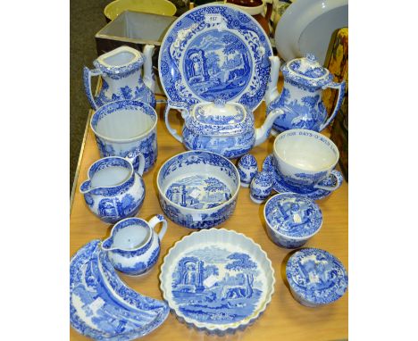 Blue and White Ceramics - Copeland Spode Italian pattern coffee pot; souffle dish; flan dish; teapot; cake late; jardiniere; 