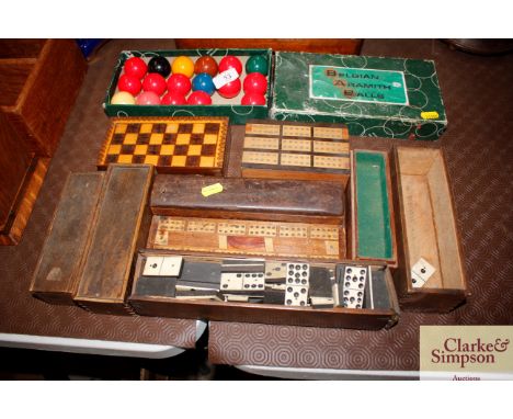 Various sets of ebony and bone dominos, cribbage boards etc