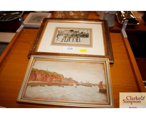 A vintage army photograph and a small oil on board of a fishing port