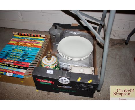 A box containing an art deco period coffee pot, various china, Continental pottery, table lamp etc