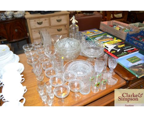 A quantity of various table glassware; vintage soda syphon etc