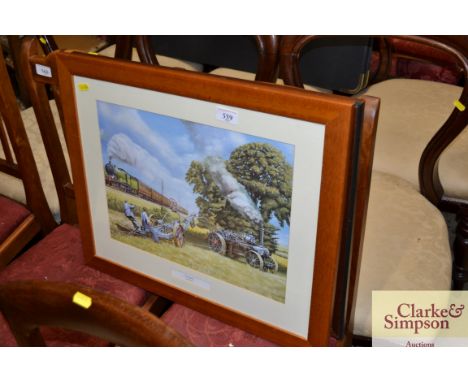 A coloured print "The Days of Steam" by Trevor Mitchell and a vintage railway photograph