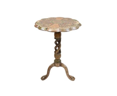 A POLYCHROME-PAINTED, GILT AND LACQUERED PAPIER-MÂCHÉ TRIPOD SIDE TABLE WITH DIVS AND COURTLY COUPLES Possibly Srinagar, Kash